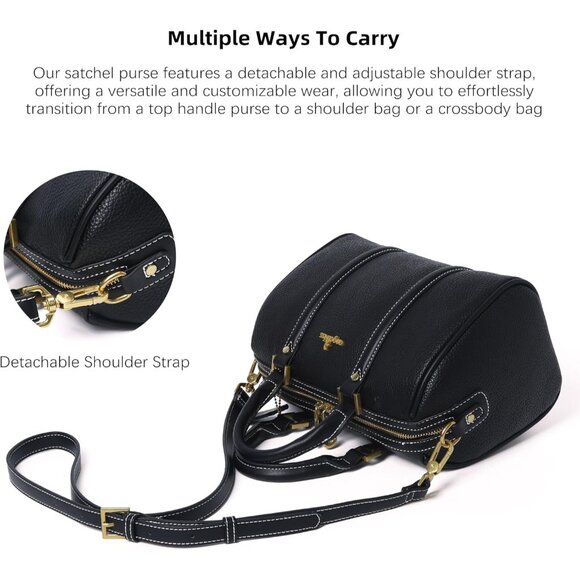 Timeless Vegan Leather Satchel Handbag with Detachable Shoulder Strap - Black - Picture 6 of 9